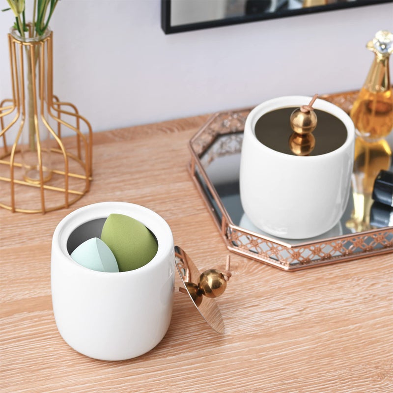 Satu Brown 2 Pack Ceramic Qtip Holder Dispenser with Gold Lids   White Apothecary Jars Bathroom Vanity Organizer - Bathroom Canister for Cotton Swabs  Rounds  Balls  Makeup Sponges  Bath Salts - Image 4